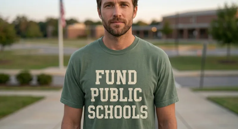 Man wearing the shirt outside a school