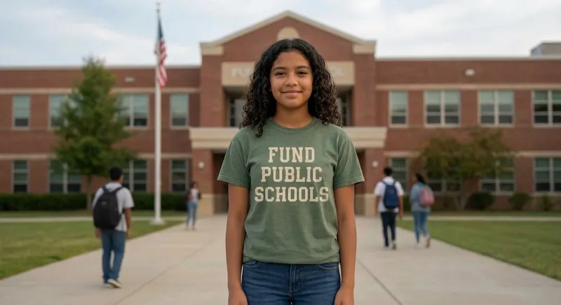 Student wearing the shirt in front of a school